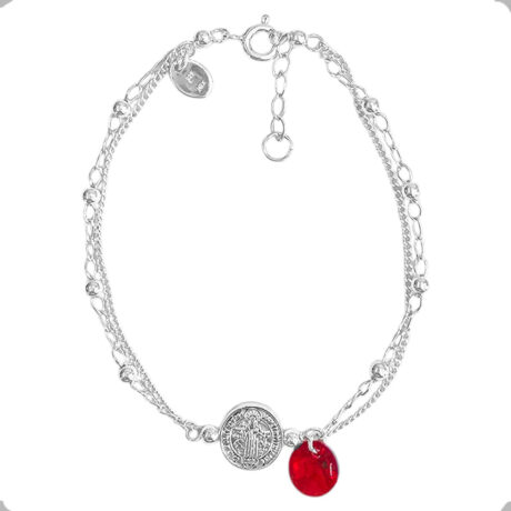 Pulsera Plata 925 Dije San Benito Y Cristal Swarovski Agalea Rojo 5.5 Cm 19 Cm