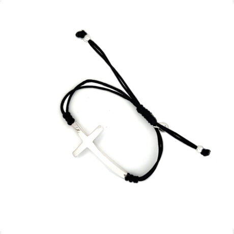 Pulsera Cruz Cintilla Negra Y Plata Ley .925 Agálea Joyería Diámetro 15.24 Cm Largo 18 Cm