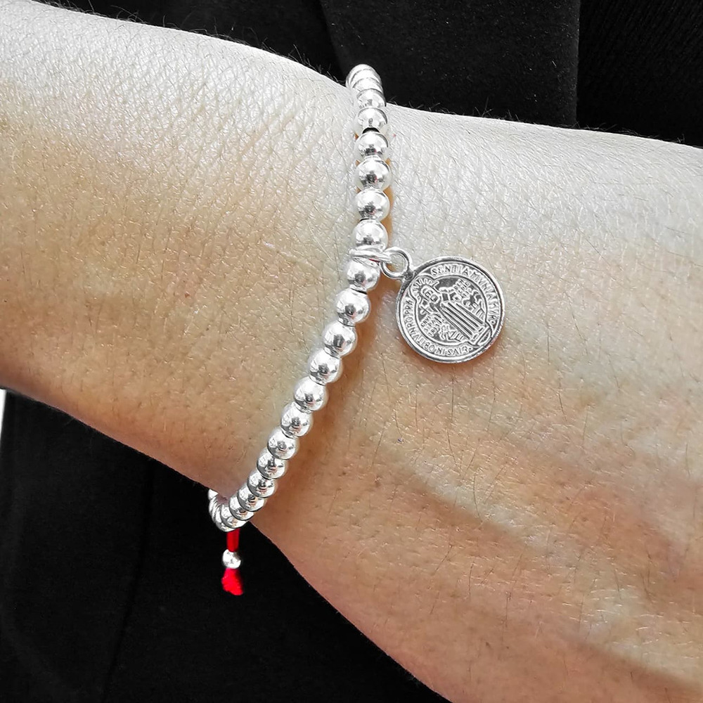Pulsera San Benito Plata 925 Bolitas 4mm Agalea Mujer Hombre Rojo 21 Cm - Image 3
