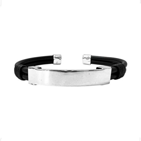 Pulsera Brazalete Plata .925 Y Caucho Grabado Hombre Agálea Lisa 6 Cm 18 Cm