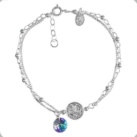 Pulsera Plata 925 Dije San Benito Y Cristal Swarovski Agalea Turquesa 5.5 Cm 19 Cm