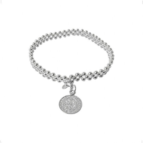 Pulsera De Plata .925 Elástico Dije San Benito Agálea Color Plateado Diámetro 5 Cm Largo 16 Cm
