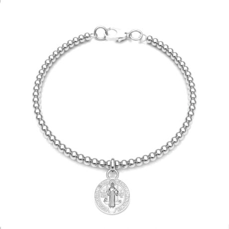 Pulsera San Benito Plata Ley .925 Con Bolitas De 3mm Agálea Largo 18