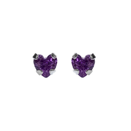 Broqueles Plata 925 Zirconia Corazón Morado Bebe Niña Agálea