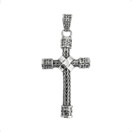 Dije Cruz De Plata 925 Tejido Espiga Con Oxido Hombre Agálea Gris