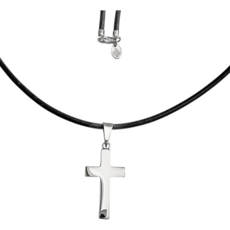 Collar Caucho Con Dije Cruz Plata .925 Grabado Hombre Agalea Negro