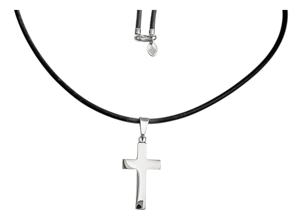 Collar Caucho Con Dije Cruz Plata .925 Grabado Hombre Agálea