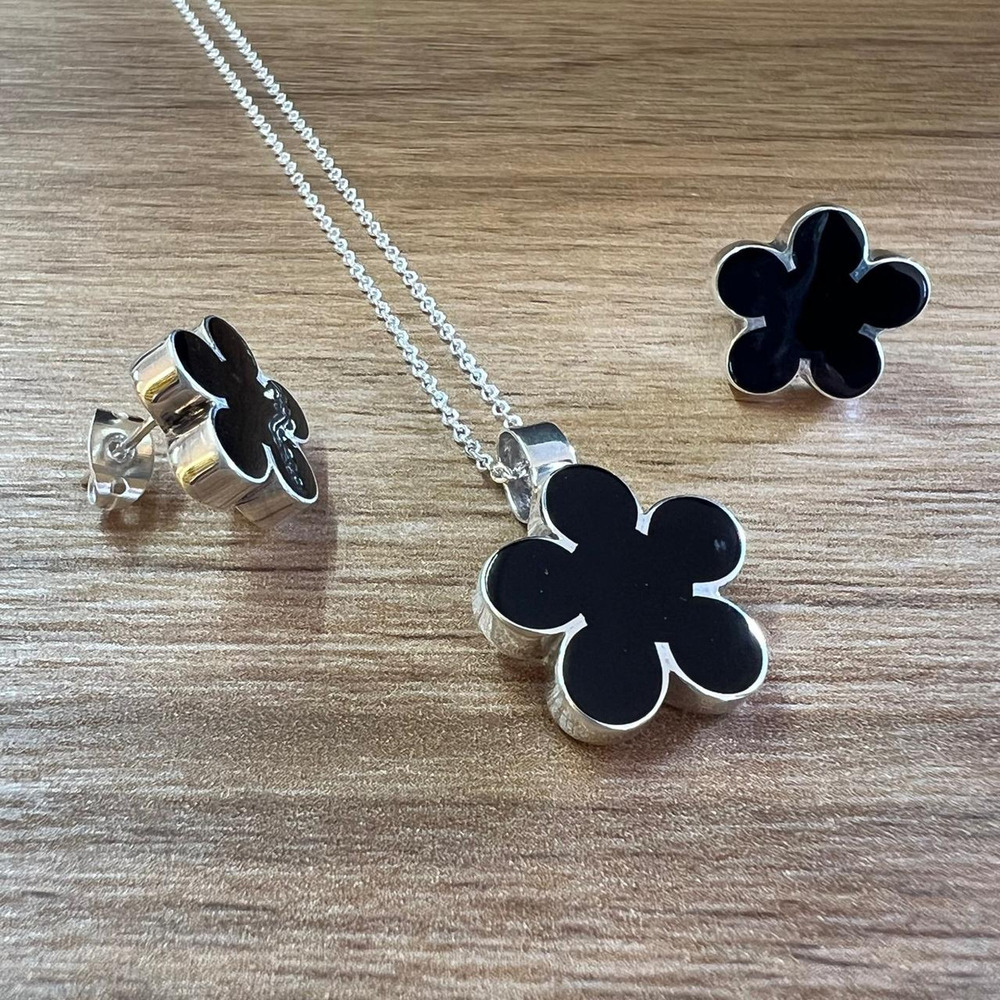 Set Collar Y Arete De Plata .925 Flor Resina Negro Agálea Negro - Image 8