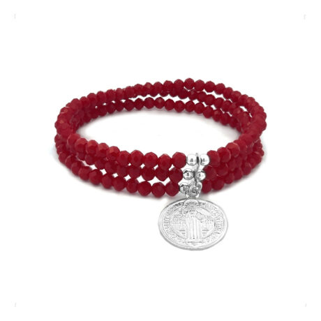 Pulsera Triple Cristal Roja San Benito Plata .925 Agálea Diámetro 18 Cm Largo 45.72 Cm