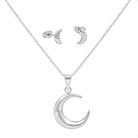 Set Collar Y Aretes De Plata .925 Dije Luna Agálea 45 Cm Plateado
