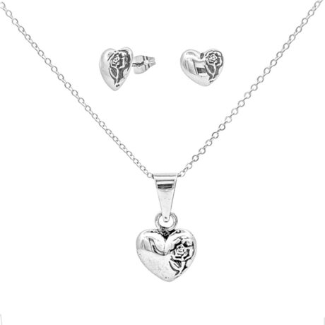 Set Collar Y Aretes De Plata 925 Dije Corazón Agálea Mujer Corazón Con Rosa