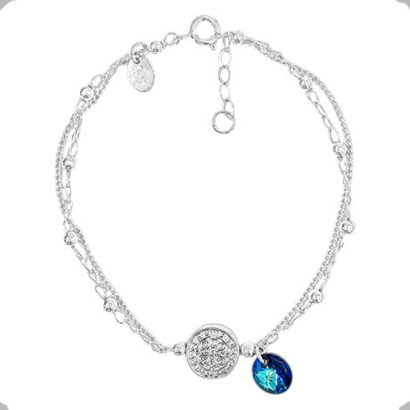 Pulsera Plata 925 Dije San Benito Y Cristal Swarovski Agalea Azul Acero 5.5 Cm 19 Cm