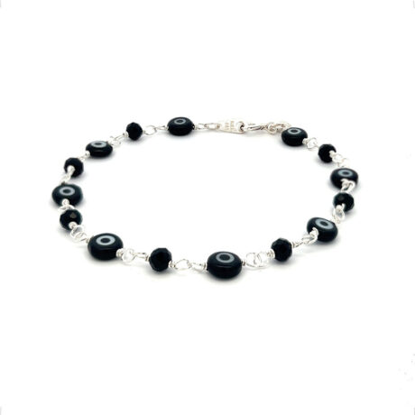 Pulsera De Plata .925 Ojo Turco Y Cristal Amuleto Agálea Color Negro Diámetro 5 Cm Largo 18 Cm