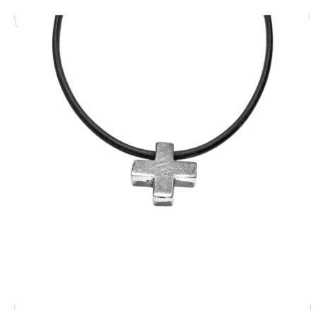 Collar Caucho Dije De Cruz Plata .925 Grabado Hombre Agálea Negro 50 Cm