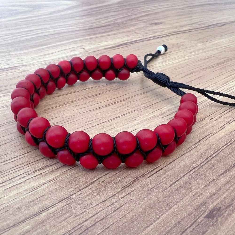 Pulsera Doble Tejida Bolita De 6mm Y Plata 925 Agálea Hombre Color Rojo - Image 5