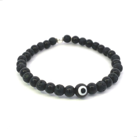 Pulsera Piedra Volcánica Y Ojo Turco Plata 925 Hombre Agalea Color Negro Diámetro 5 Cm