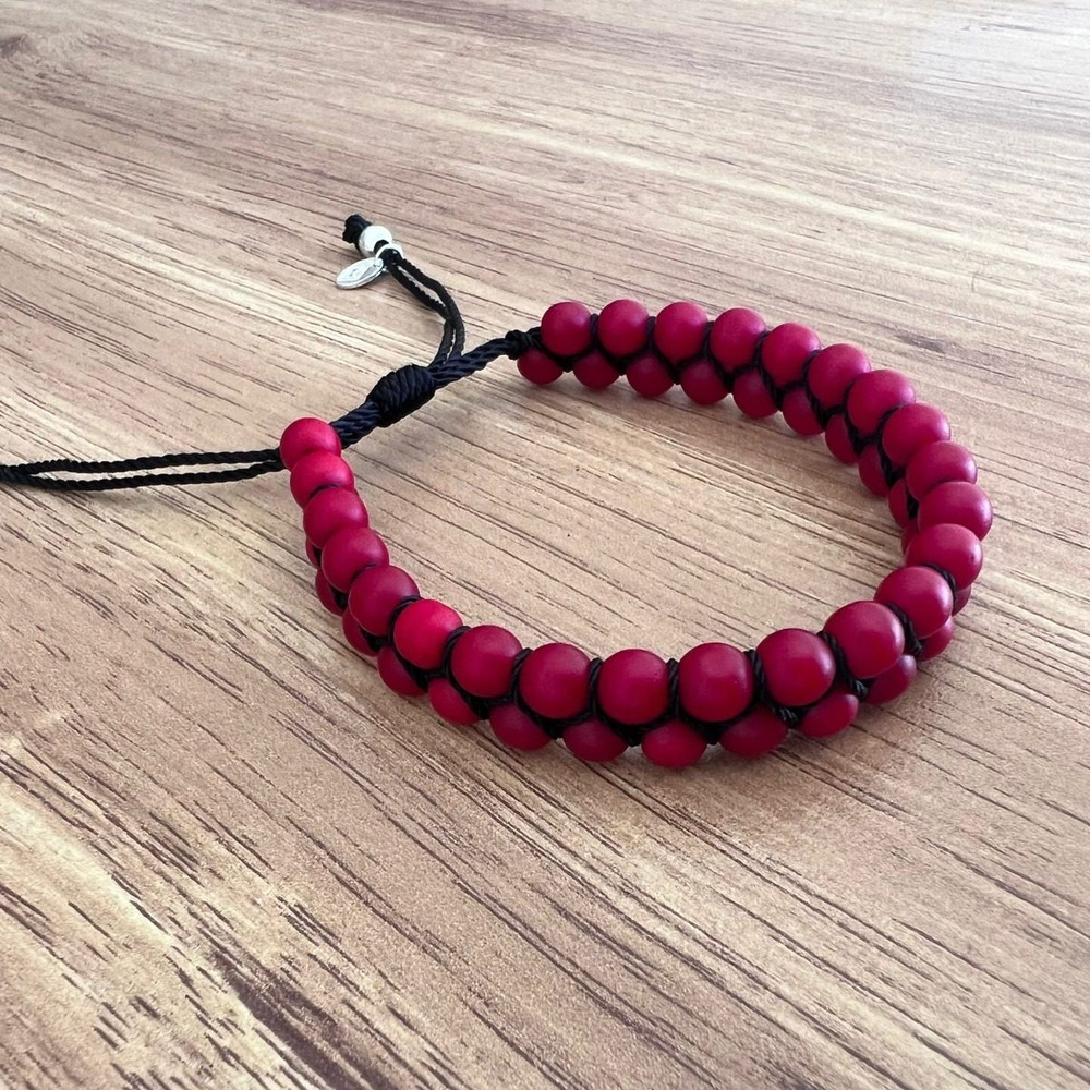 Pulsera Doble Tejida Bolita De 6mm Y Plata 925 Agálea Hombre Color Rojo - Image 3