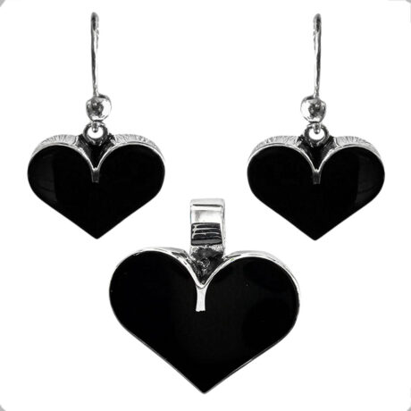 Juego Dije Y Arete De Plata 925 Corazon Negro Agálea Mujer Negro