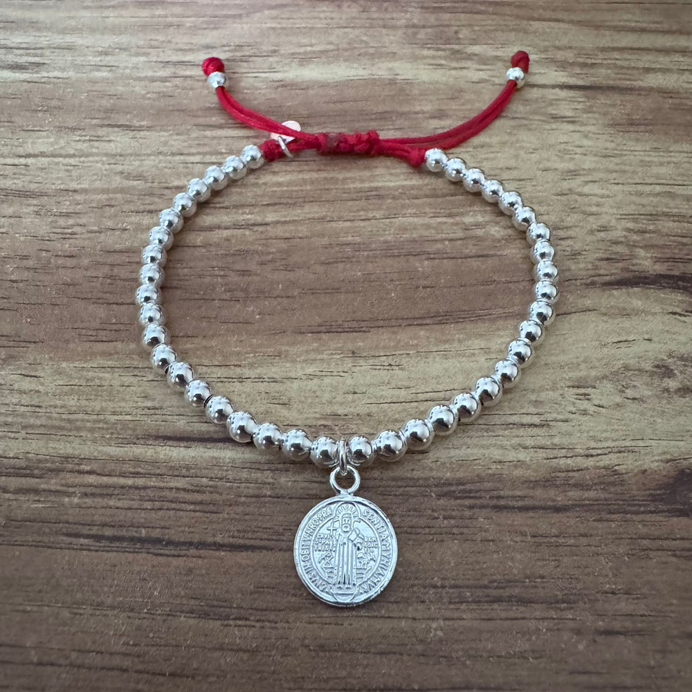 Pulsera San Benito Plata 925 Bolitas 4mm Agalea Mujer Hombre Rojo 21 Cm - Image 6