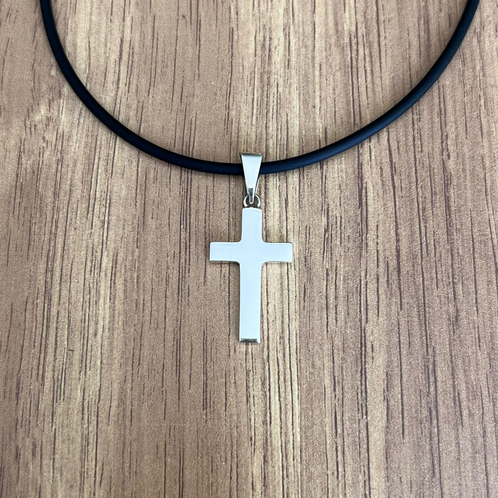 Collar Caucho Con Dije Cruz Plata .925 Grabado Hombre Agálea - Image 4