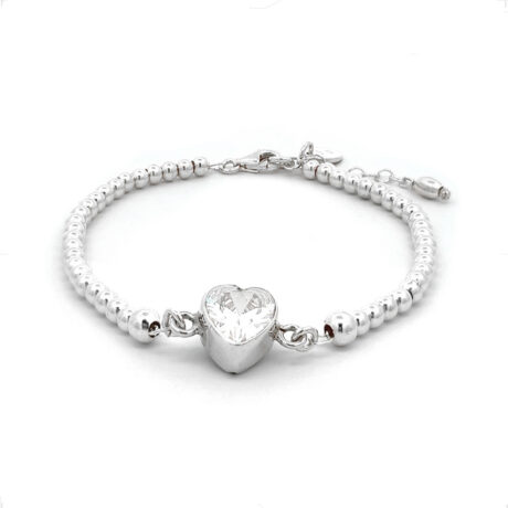 Pulsera Bolitas 3mm Plata .925 Corazon Bisel Circonia Agálea Diámetro 12.7 Cm Largo 43.18 Cm