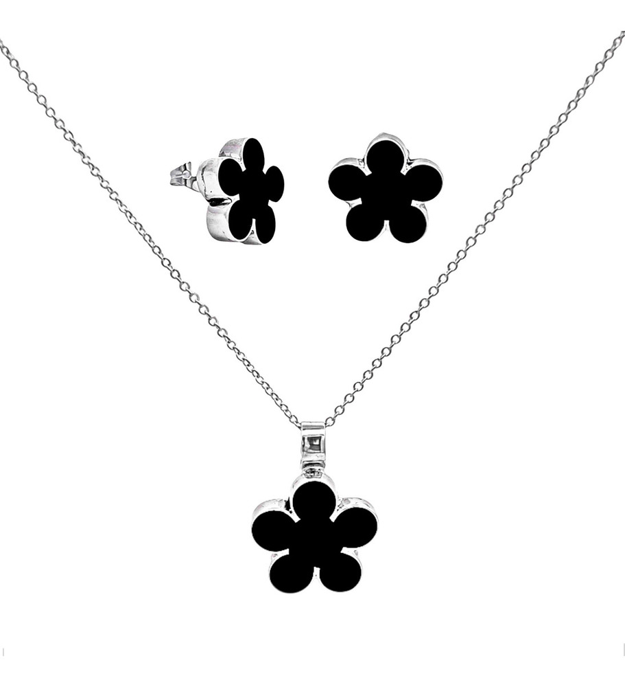 Set Collar Y Arete De Plata .925 Flor Resina Negro Agálea Negro - Image 2