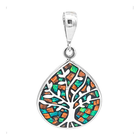 Dije De Plata .925 Arbol De La Vida Con Ópalo Agálea Mujer Verde-naranja