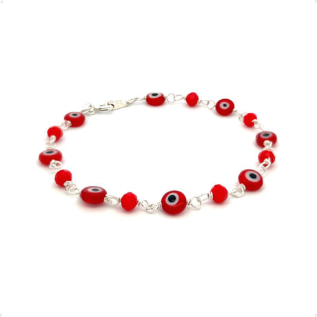 Pulsera De Plata .925 Ojo Turco Y Cristal Amuleto Agálea Color Rojo Diámetro 5 Cm Largo 18 Cm