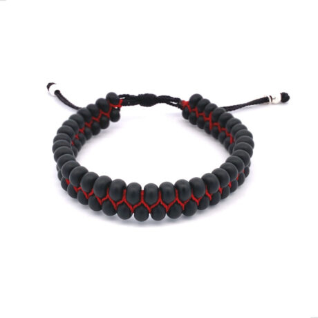 Pulsera Doble Tejida Bolitas Y Plata 925 Agálea Hombre Color Negro-rojo