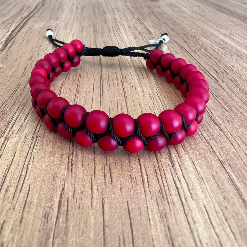 Pulsera Doble Tejida Bolita De 6mm Y Plata 925 Agálea Hombre Color Rojo - Image 4