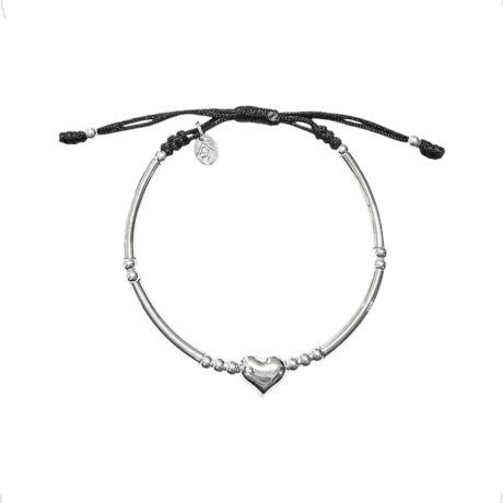 Pulsera Plata 925 Corazón Y Bolitas Negra Ajustable Agálea Color Negro Diámetro 5 Cm Largo 16 Cm