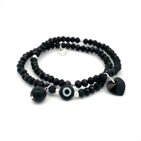 Set 2 Pulseras Ojo Turco Plata .925 Mujer Protección Agálea Negra 17cm