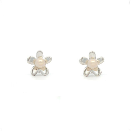 Broqueles Flor De Plata 925 Con Perla Mujer Niña Agálea