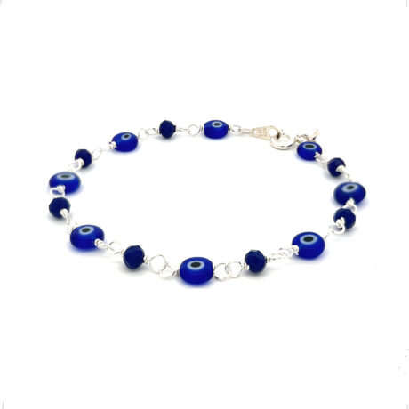 Pulsera De Plata .925 Ojo Turco Y Cristal Amuleto Agálea Color Azul Diámetro 5 Cm Largo 18 Cm