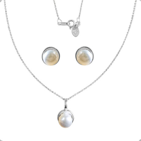 Juego Set Collar Dije Y Arete De Plata 925 Con Perla Agálea Circulo