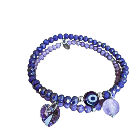 Set 2 Pulseras Ojo Turco Plata 925 Cristal Protección Agálea Morada 17 Cm