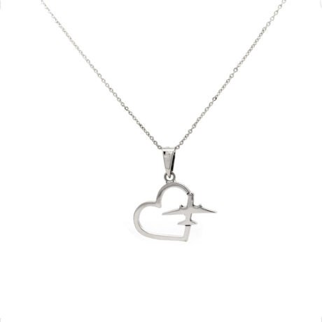 Collar Corazón Con Avion De Plata .925 Agálea Joyería Color Plateado