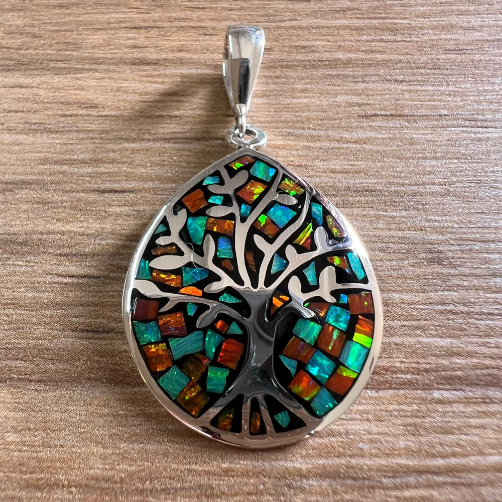 Dije De Plata .925 Arbol De La Vida Con Ópalo Agálea Mujer Verde-naranja - Image 2