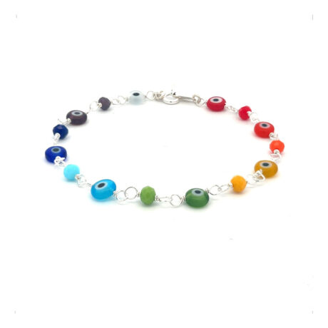Pulsera De Plata .925 Ojo Turco Y Cristal Amuleto Agálea Color Multicolor Diámetro 5 Cm Largo 18 Cm