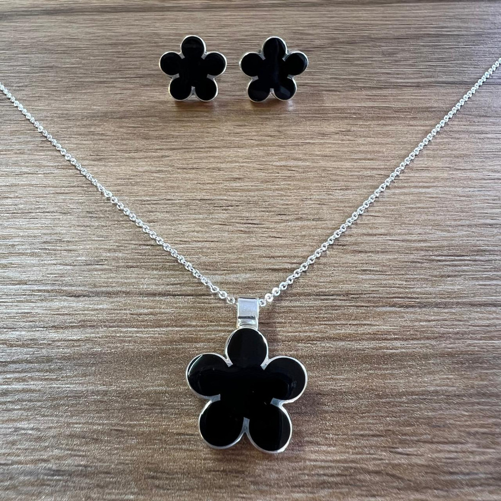 Set Collar Y Arete De Plata .925 Flor Resina Negro Agálea Negro - Image 5