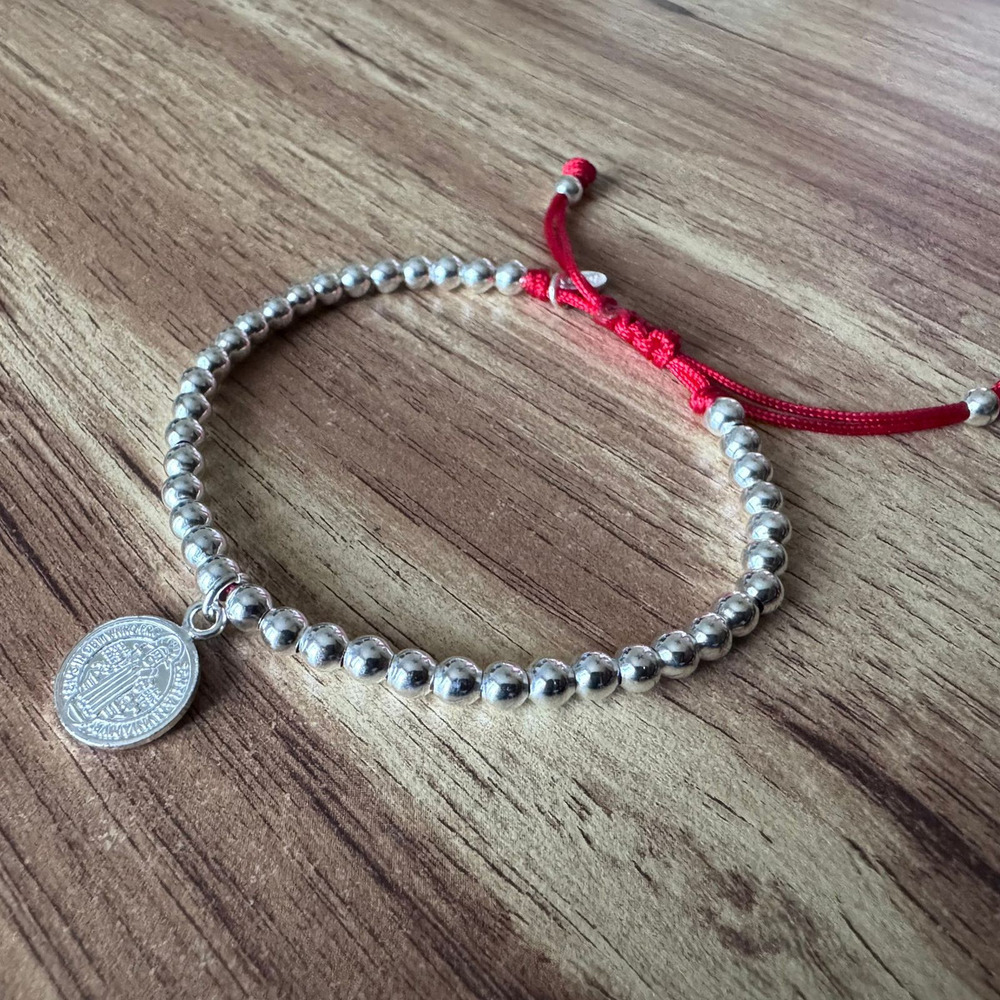 Pulsera San Benito Plata 925 Bolitas 4mm Agalea Mujer Hombre Rojo 21 Cm - Image 4