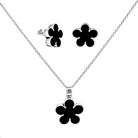 Set Collar Y Arete De Plata .925 Flor Resina Negro Agálea Negro