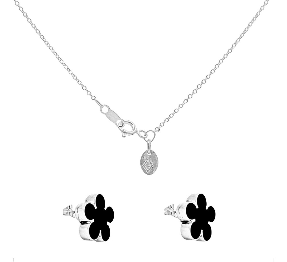 Set Collar Y Arete De Plata .925 Flor Resina Negro Agálea Negro - Image 6