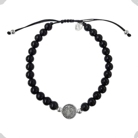 Pulsera San Benito Plata 925 Bolitas Onix Hombre Muje Agálea Negro 5 Cm 19 Cm
