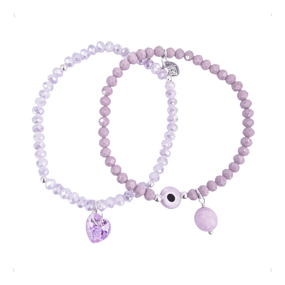 Set 2 Pulseras Plata 925 Cristal Ojo Turco Protección Agálea Lavanda 18cm