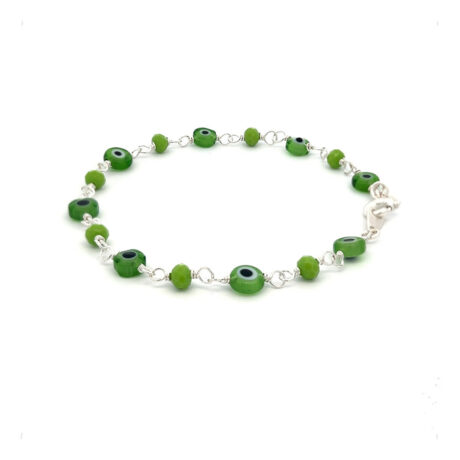 Pulsera De Plata .925 Ojo Turco Y Cristal Amuleto Agálea Color Verde Lima Diámetro 5 Cm Largo 18 Cm