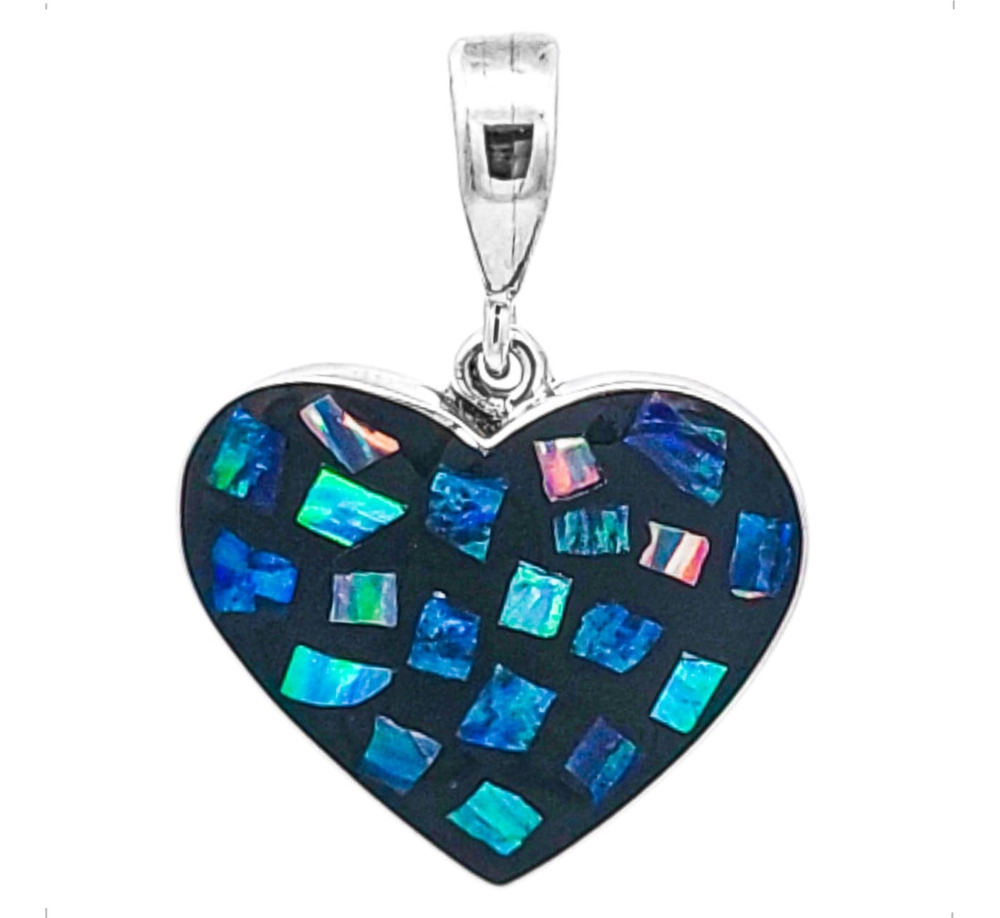 Dije De Plata .925 Corazón Con Ópalo Agalea Mujer Negro-multicolor