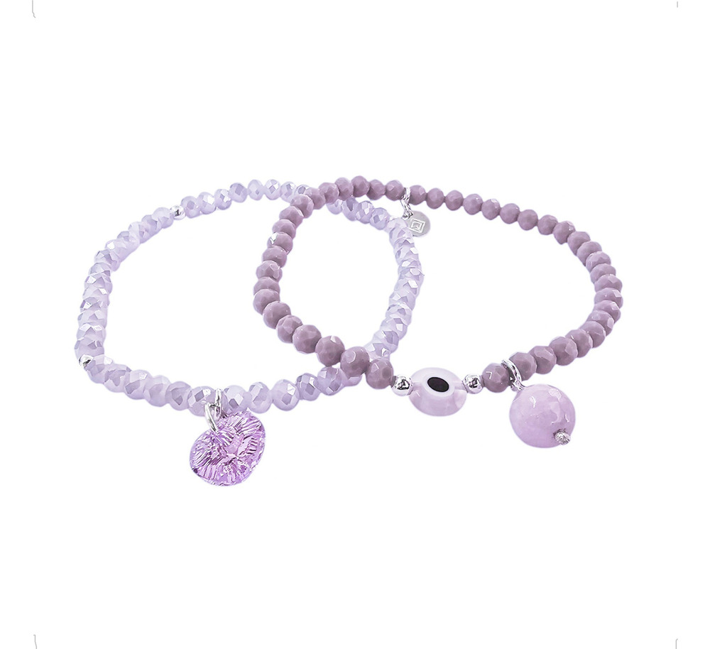 Set 2 Pulseras Plata 925 Cristal Ojo Turco Protección Agálea Lavanda 18cm - Image 3