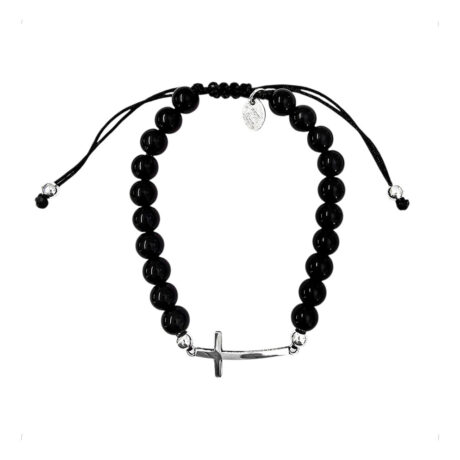 Pulsera Cruz De Plata 925 Bolitas Onix Hombre Mujer Agálea Negro 5 Cm 20 Cm