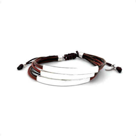 Pulsera Plata .925 Piel Cafe Ajustable Mujer Hombre Agálea Color Marrón Diámetro 5   Largo 18